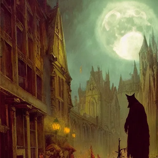 Prompt: a creepy demonic old man stands in the middle of a medieval street and turns into a werewolf under a full moon, painting by gaston bussiere, craig mullins, j. c. leyendecker, 4 k, 8 k, trending on artstation, artstationhd, artstationhq, highest detail