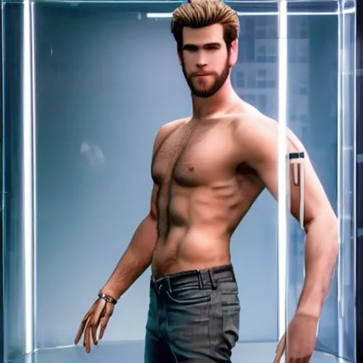 Image similar to a realistic detailed photo of a guy who is an attractive humanoid who is half robot and half humanoid, who is a male android, actor liam hemsworth, shiny skin, posing like a statue, blank stare, in a lab, on display, showing off his muscles