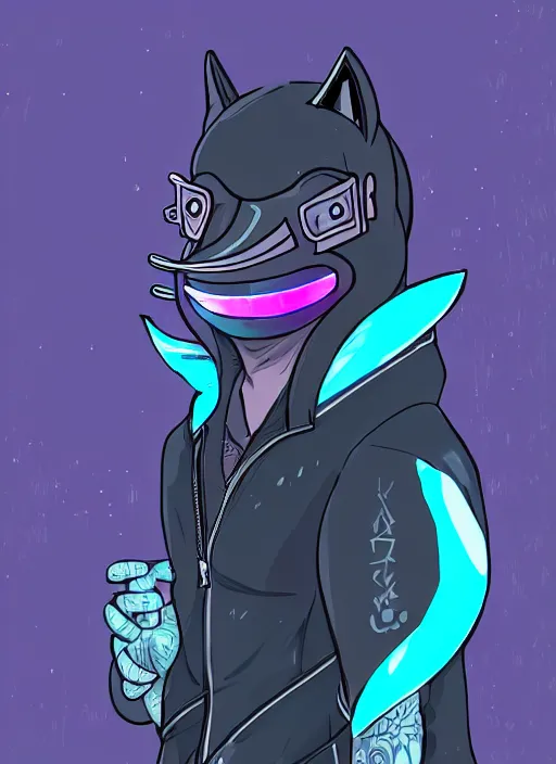 Image similar to beautiful portrait commission of a male furry anthro dolphin-headed fursona with a fin wearing cyberpunk clothes. Cyberpunk city at night