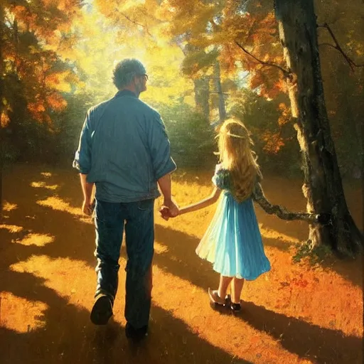 Image similar to A painting of a father and daughter walking through a beautiful forest holding hands, brunette hair, golden hour, art by Kenne Gregoire and Krenz Cushart, Norman Rockwell trending on artstation