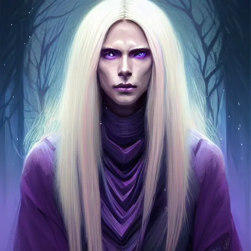 Prompt: portrait of an androgynous human mage, with dirty blonde hair, purple eyes, dnd, high fatnasy, intricate, elegant, highly detailed, digital painting, artstation, concept art, smooth, sharp focus, illustration, by anato finnstark, boissb - blanca. j, cindy avelino, clint cearley, anna podedworna