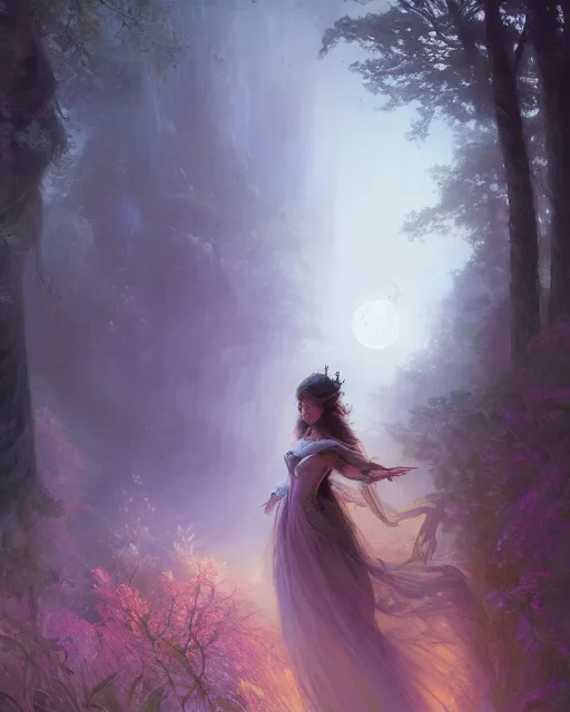 Image similar to a portrait of beautiful fairy goddness fly high in the night, d & d, fantasy, mist, full moon in background, trees, hyper detailed,, midium shot, an oil painting by ruan jia, trending on artstation, concept art, sharp focus, illustration, gaston bussiere, craig mullins, j. c. leyendecker, beautiful lighting