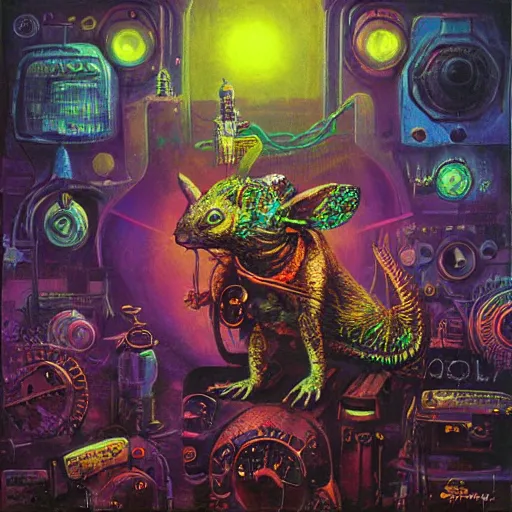 Image similar to steampunk rat, acid, 303, psychedelic, by paul lehr, cd cover for techno artist