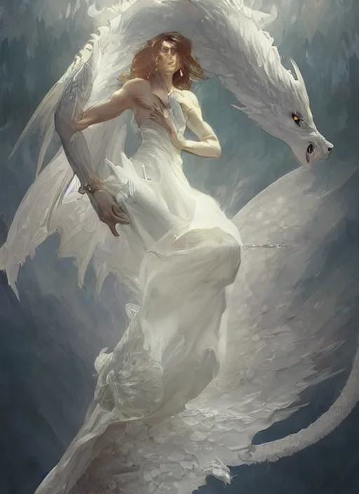 Prompt: an angelic white dragon, highly detailed, digital painting, artstation, concept art, sharp focus, illustration, art by greg rutkowski and alphonse mucha