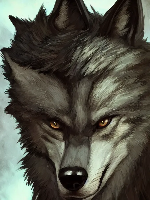 Image similar to 3/4 headshot of cute anthro wolf man, handsome, fantasy, intricate, long muzzle, wolf ears, fursona, black fur, elegant, highly detailed, digital painting, artstation, concept art, smooth, sharp focus, illustration, art by artgerm and greg rutkowski and alphonse mucha red wall in background