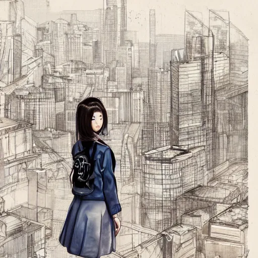 Image similar to a perfect, realistic professional digital sketch of a Japanese schoolgirls posing in a sci-fi cityscape, style of Marvel, full length, by pen and watercolor, by a professional American senior artist on ArtStation, a high-quality hollywood-style sketch, on high-quality paper