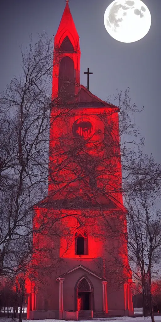 Image similar to satanic church with a red lighting of the interior illuminated by the moon : : ultra mystic : : cinematic