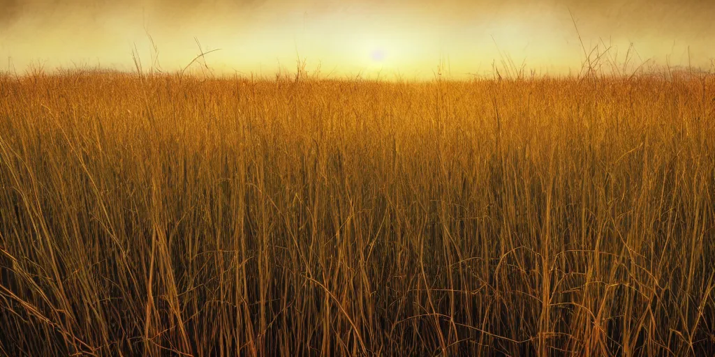 Prompt: golden grassland, wetland with red reeds, sparse scraggy trees, golden hour lighting, fantasy digital art, trending on artstation