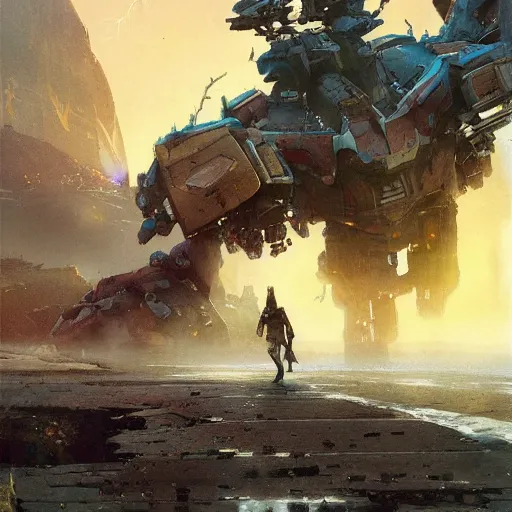 Prompt: tarot card of a mech walking along the shore by John Berkey and Peter Mohrbacher, moody lighting, rocky cliffs