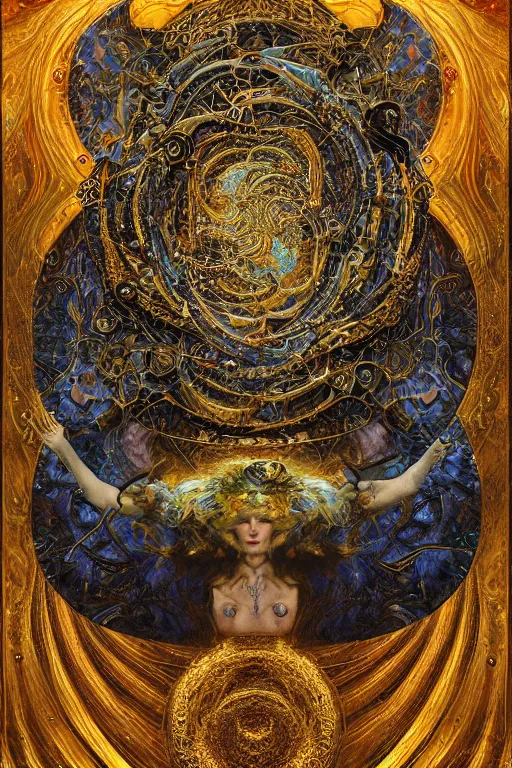 Image similar to Divine Chaos Engine by Karol Bak, Jean Deville, Gustav Klimt, and Vincent Van Gogh, visionary fractal structures, ornate gilded medieval icon, spirals, 8k 3D