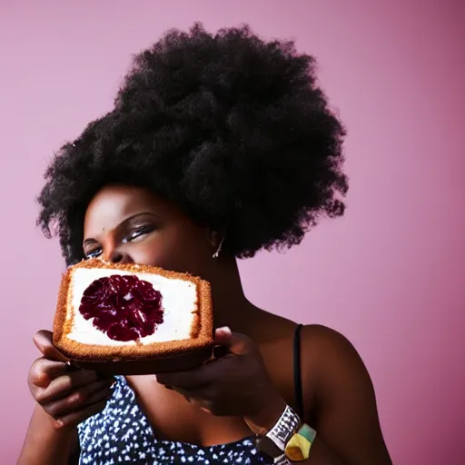 Image similar to black woman eating a slice of cake, award - winning photograph