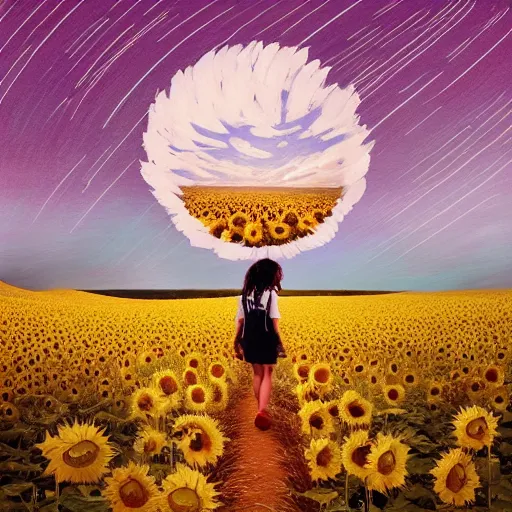 Image similar to huge sunflower head, girl walking in wheat field, hills, surreal photography, dark night, star trails, dramatic light, impressionist painting, clouds, digital painting, artstation, simon stalenhag