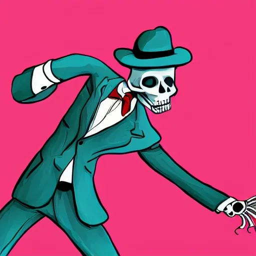 Prompt: a skeleton in sunglasses and an elegant suit dancing, digital art, teal and red color palette, gray dungeon background, very realistic, artstation