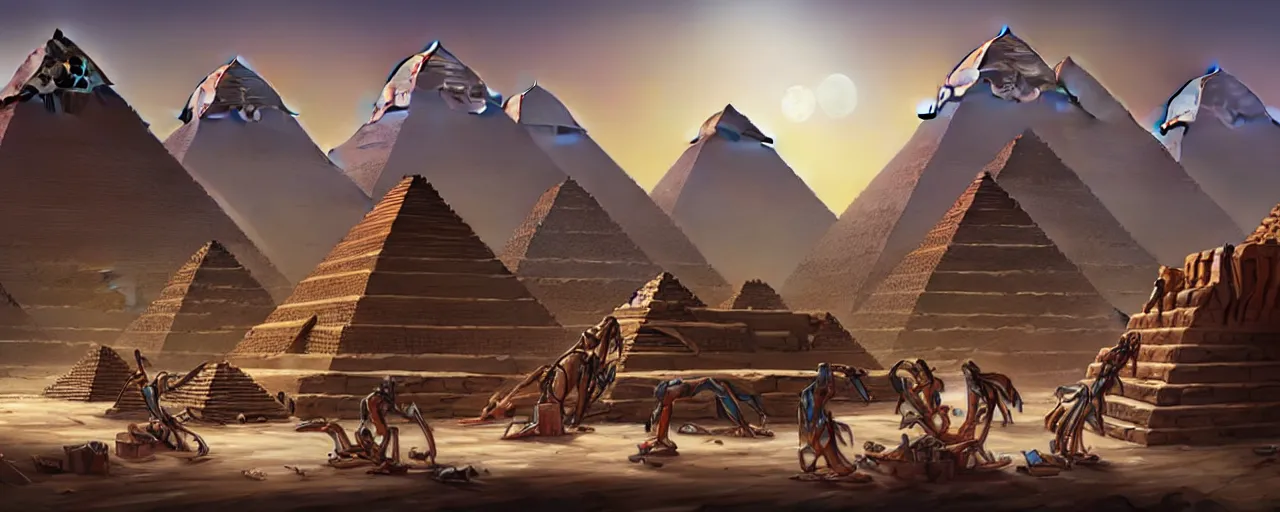 Image similar to an intricate concept art of alien slaves building the egyptian pyramid, concept art, style by dylan cole and tyler edlin and feng zhu, cinematic