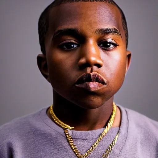 Image similar to the face of young kanye west wearing yeezy clothing at 1 2. 5 years old, portrait by julia cameron, chiaroscuro lighting, shallow depth of field, 8 0 mm, f 1. 8