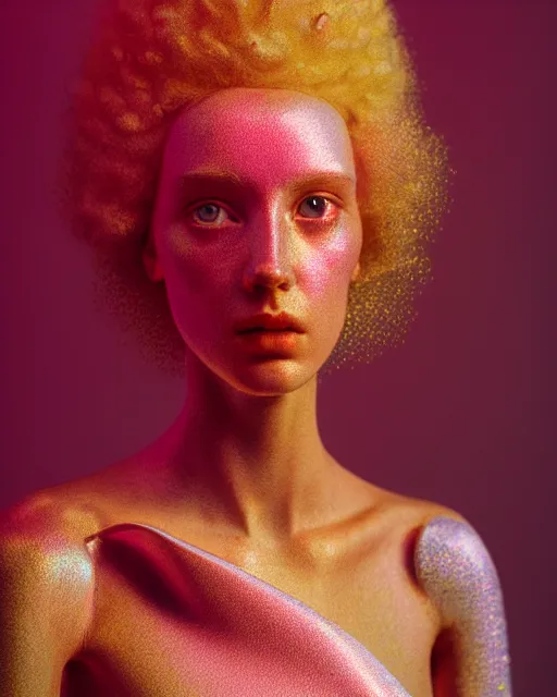Image similar to hyperrealist highly intricate post-rococo portrait pink pearlescent exoskeleton beautiful goddess concept art pascal blanche key sage dramatic yellow lighting 8k high angle shallow depth of field