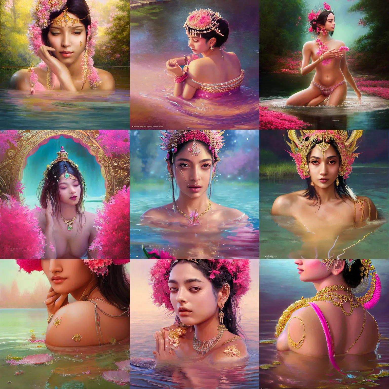 Prompt: expressive oil painting, of alluring indian princess bathing in clear lake, smooth glowing skin, glistening body, ornate headpiece made from pink flowers, glamour shot, by yoshitaka amano, by greg rutkowski, by jeremyg lipkinng, by artgerm, digital art, octane render