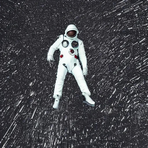 Prompt: mysterious man in silver space suit, walking on a small zig - zagging steel catwalk, floating in the darkness of space, with a black background, photograph, wide angle, long shot