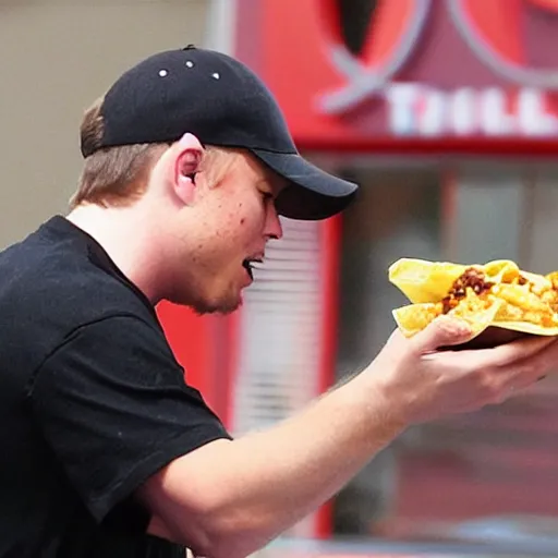 Image similar to paparazzi photo catches Elon Musk eating taco bell