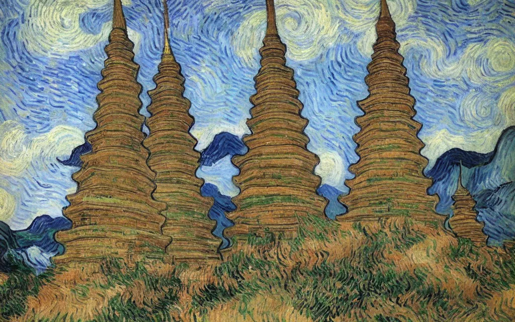 Image similar to twin chinese buddhist pagodas made of stone in a beautiful chinese landscape by vincent van gogh