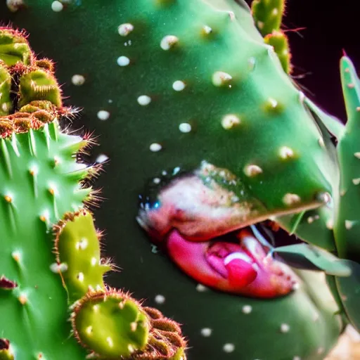 Image similar to close up of a fish eating a cactus, 33mm, 4k, award winning photo