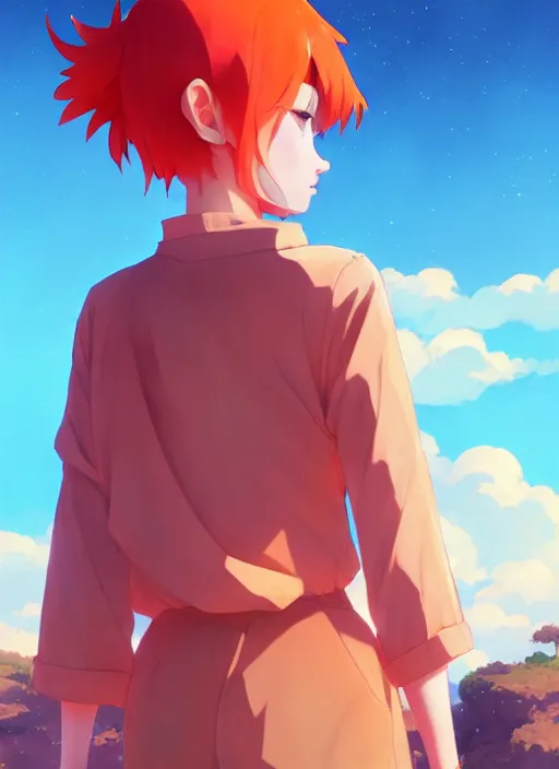 Image similar to portrait of cute redhead girl in orange jumpsuit with fox ears, holding a cactus, cloudy sky background lush landscape illustration concept art anime key visual trending pixiv fanbox by wlop and greg rutkowski and makoto shinkai and studio ghibli