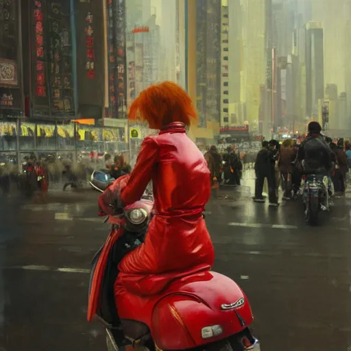 Image similar to the redhead vespa queen in hong kong, oil on canvas by ruan jia and yoshitaka amano