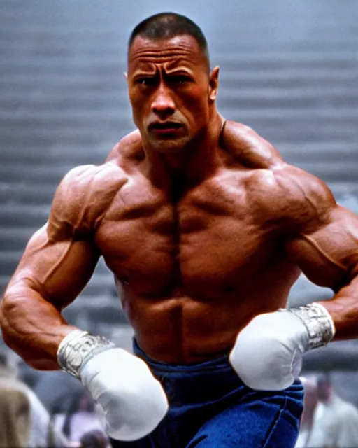 Image similar to Film still close-up shot of Dwayne Johnson as Rocky Balboa from the movie Rocky. Photographic, photography