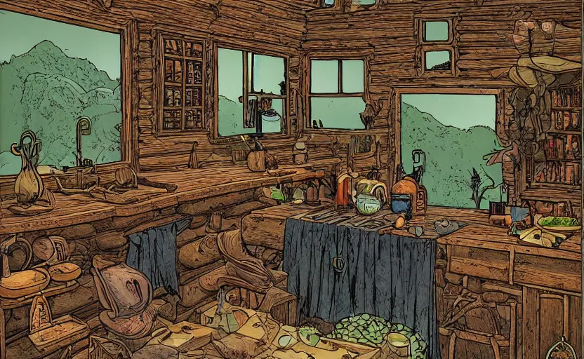 Prompt: witch's cabin full of potions, a cauldron on a counter with a sales register, lush vegetation, by moebius