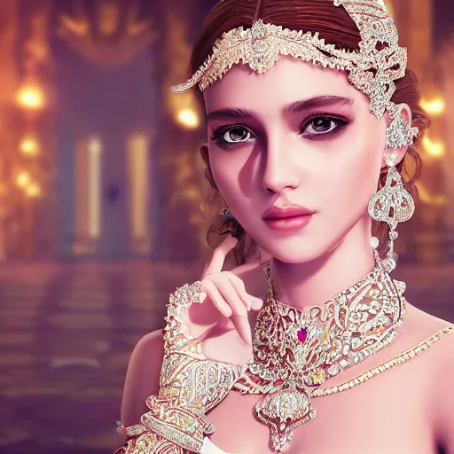 Image similar to portrait of pretty princess with perfect skin, beauty, glowing, ornate and intricate diamond jewelry, jaw dropping, ornate and intricate backdrop, white accent lighting, hyper detailed, 4 k octane render