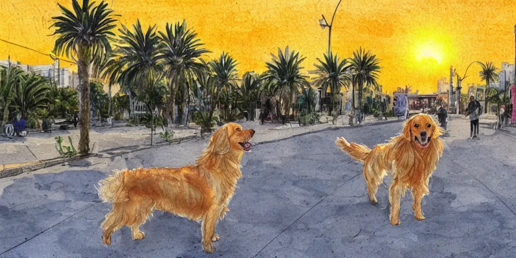 Prompt: golden retriever dog walking in tel aviv street looking at the camera. palm trees. sunset. high quality. digital art. watercolor. highly detailed. drawing. art. colorful. fluffy