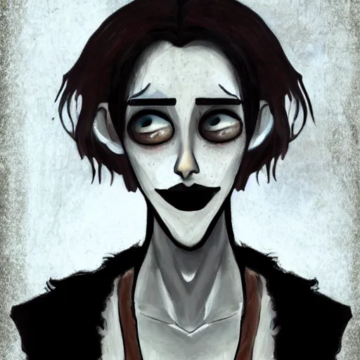 Image similar to young man portrait, black hair, skinny, sleep deprived, corpse bride art style