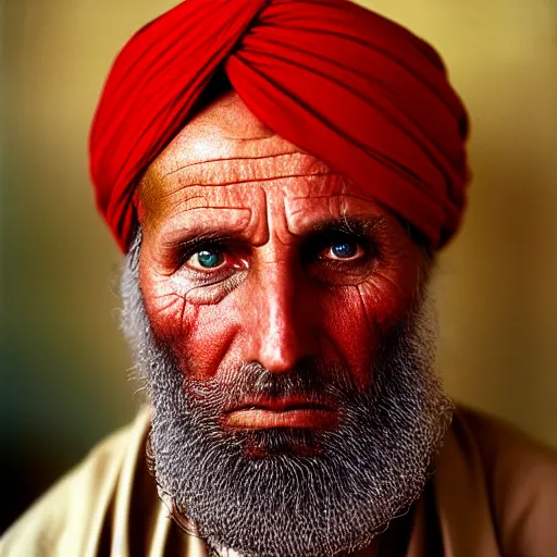 Image similar to portrait of president donald trump as afghan man, green eyes and red turban looking intently, photograph by steve mccurry