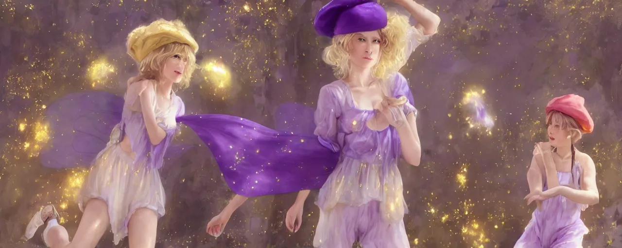 Image similar to Full View of a mysterious fairy maidens with short blond hair wearing an oversized purple Beret, Baggy Purple overall shorts, Short Puffy pants made of silk, silk shoes, a big billowy scarf, Golden Ribbons, white leggings Covered in stars. Short Hair. peasant magic. masterpiece 4k digital illustration by Ruan Jia and Mandy Jurgens and Artgerm and william-adolphe bouguereau, award winning, Artstation, art nouveau aesthetic, Alphonse Mucha background, intricate details, realistic, panoramic view, Hyperdetailed, 8k resolution, intricate art nouveau, smooth, sharp focus