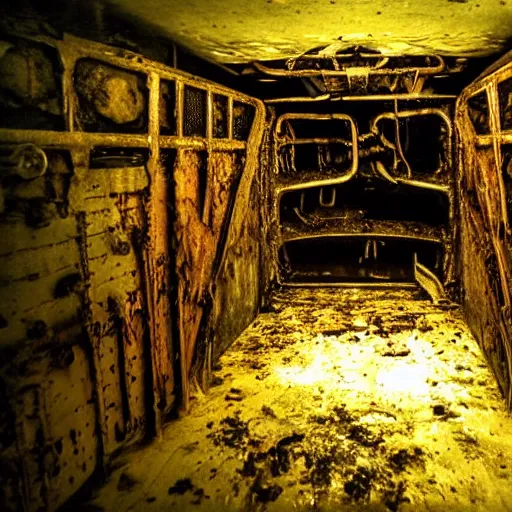 Image similar to the interior of a partially flooded rusty shipwreck, dark, scary lighting, scary, creepy, eerie, horror, submechanophobia, water ripples, photo,