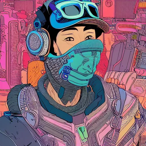 Prompt: hyper detailed comic illustration of a cyberpunk mixed race boy wearing a futuristic visor and a gorpcore jacket, markings on his face, mullet, by Josan Gonzalez and Geof Darrow, intricate details, vibrant, solid background