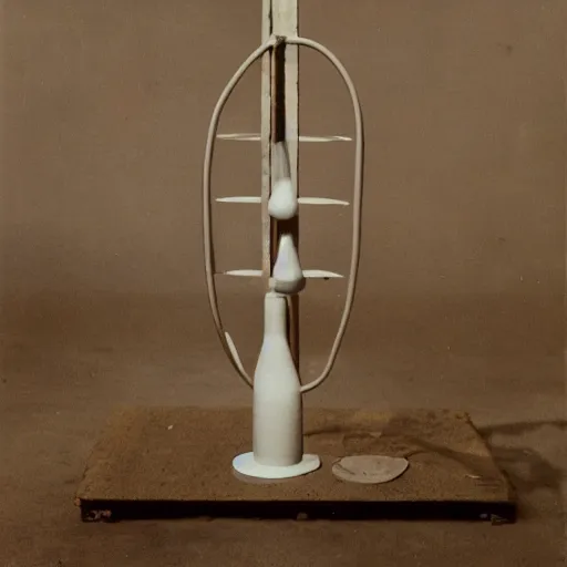 Prompt: a single readymade named Bottle Rack by Marcel Duchamp, banal object on a pedestal, historical archive, studio shoot