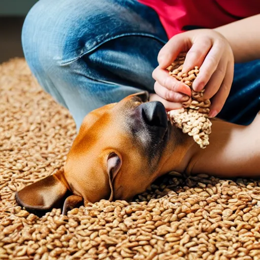 Image similar to dog with a human leg being fed wheat snacks