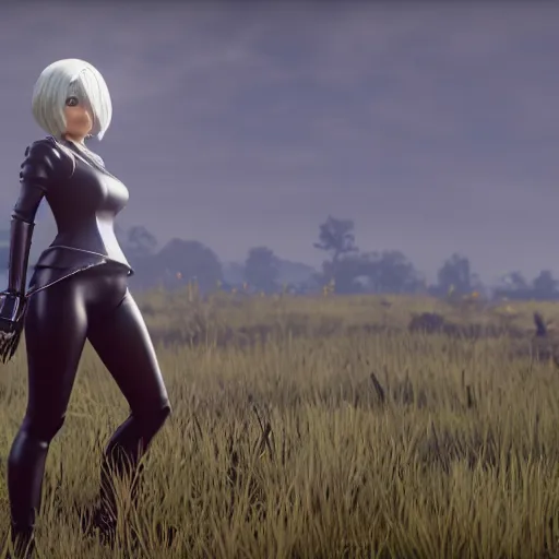 Image similar to Film still of 2B nier automata wearing skintight clothes in a field, from Red Dead Redemption 2 (2018 video game), trending on artstation, artstationHD, artstationHQ