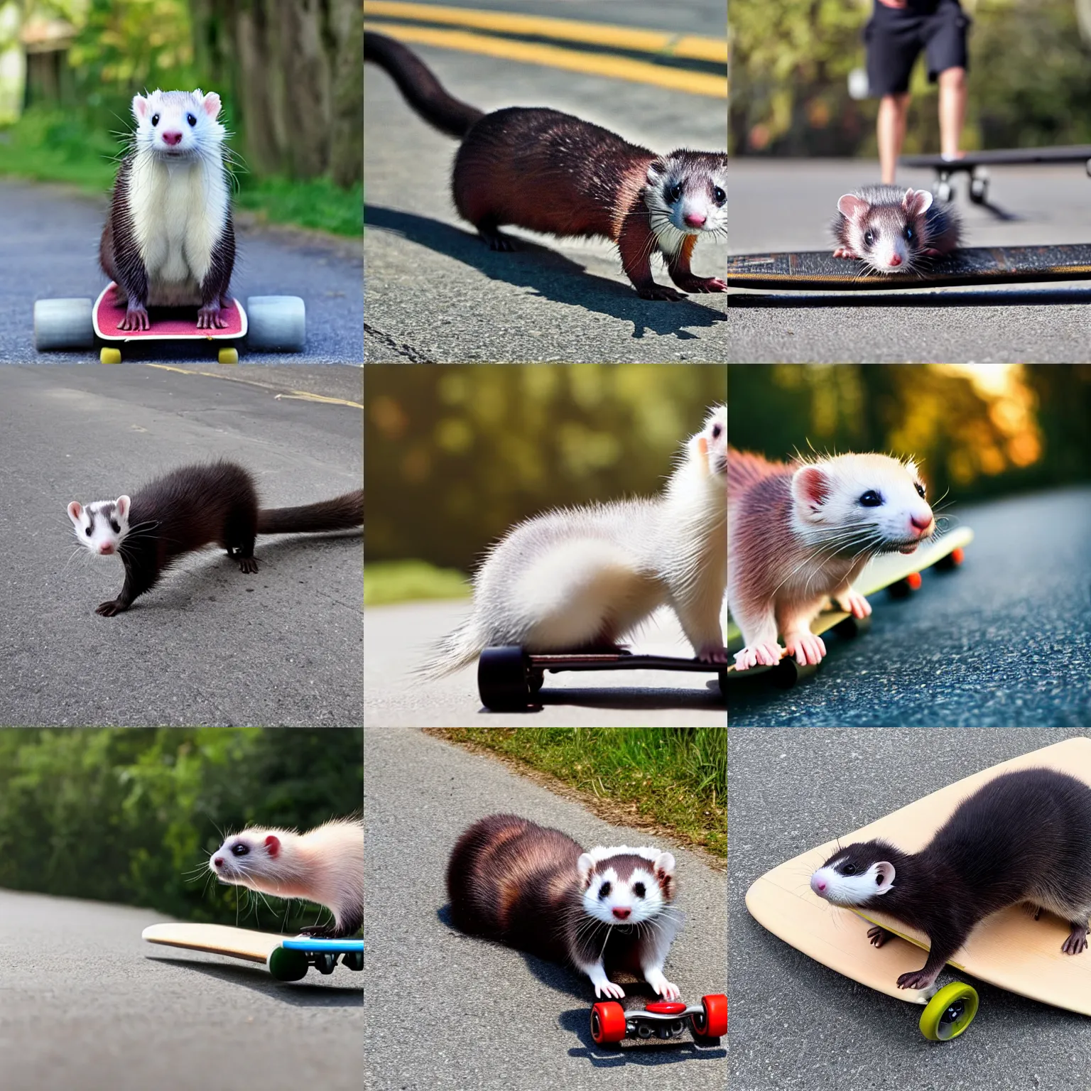 Prompt: a ferret on a longboard