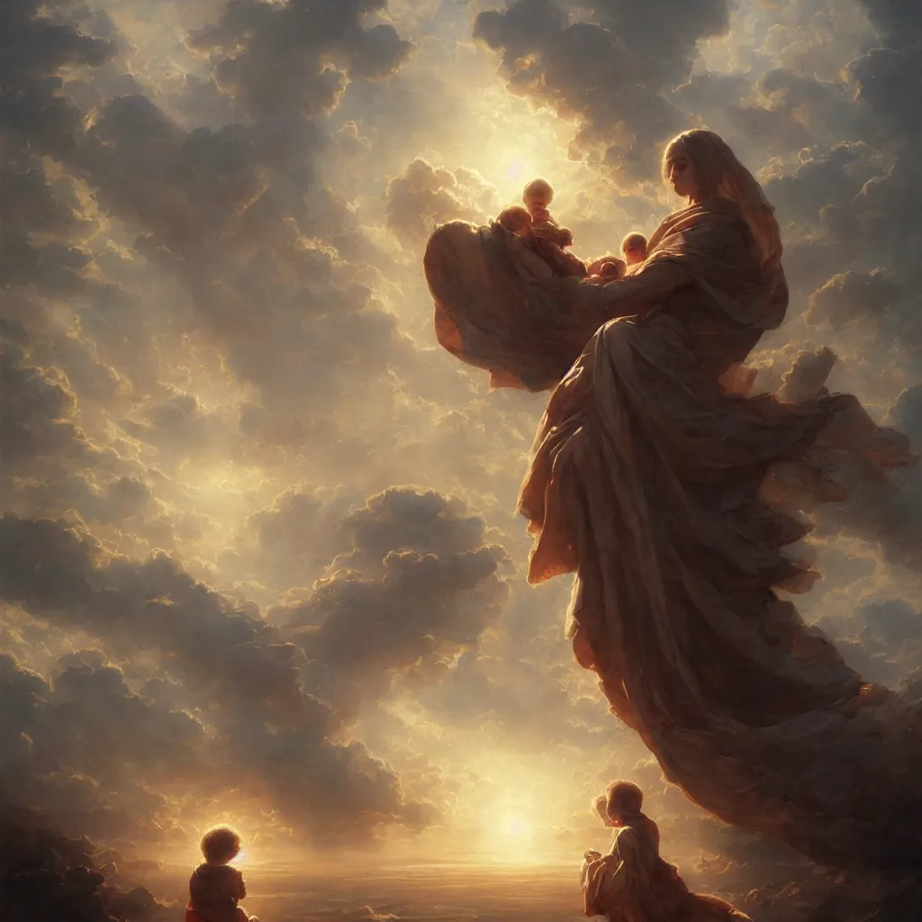 Image similar to a sending down [ of the revelation ] from him who created the earth and the lofty heavens, overdetailed art, mother holding his baby, by greg rutkowski, sharp focus