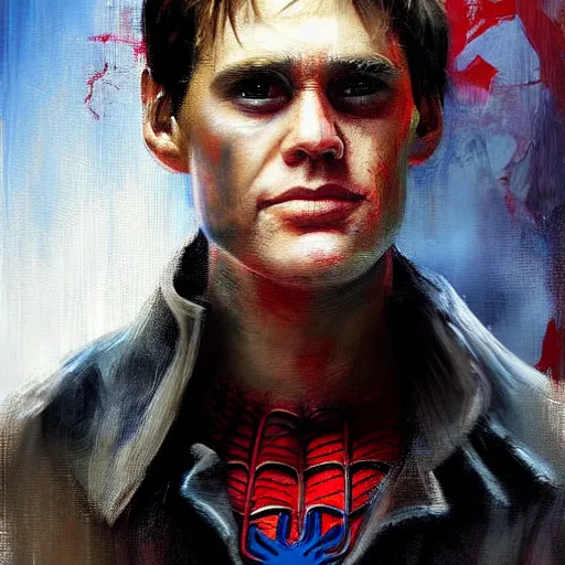 Prompt: young jim carrey as spiderman, realistic, ultrahd, jeremy mann painting
