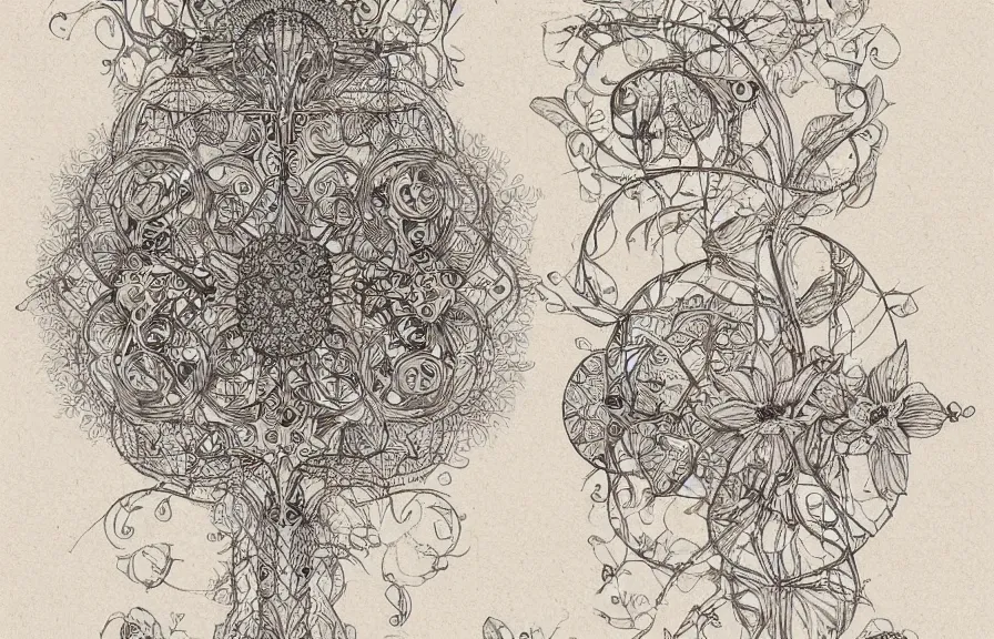Image similar to realistic detailed schematic layout of a flower, blueprint style, technical diagram, intricate detail, fantasy art, art nouveau, victorian, neo - gothic, gothic, story concept design