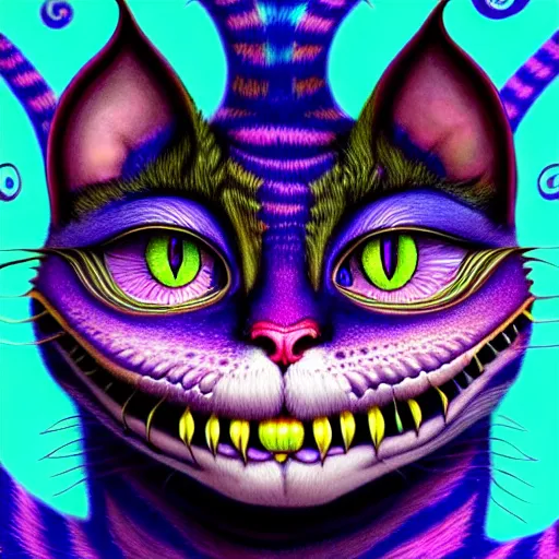 Image similar to An extremely psychedelic portrait of Cheshire cat, Surreal, LSD, face, detailed, intricate, elegant, lithe, highly detailed, digital painting, artstation, concept art, smooth, magical, Occult, astonishingly beautiful, sharp focus, illustration