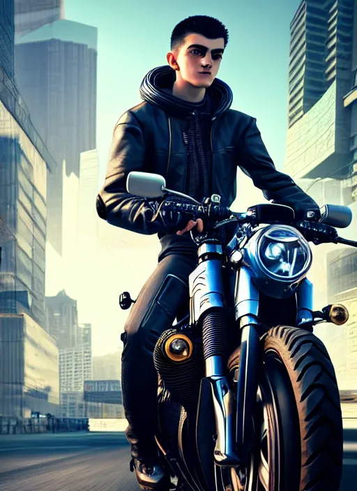 Image similar to photo of cyberpunk male teenager riding on a motorcyle in the style of stefan kostic, realistic, sharp focus, 8 k high definition, insanely detailed, intricate, elegant, art by stanley lau and artgerm