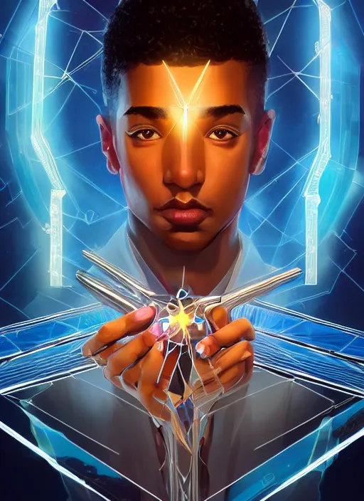 Image similar to symmetry!! egyptian prince holding crystal scepter of power, solid cube of light, hard edges, product render retro - futuristic poster scifi, lasers and neon circuits, brown skin man egyptian prince, intricate, elegant, highly detailed, digital painting, artstation, concept art, smooth, sharp focus, illustration, dreamlike, art by artgerm