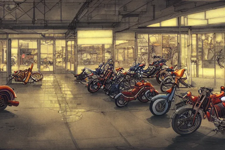 Prompt: harley davidson in a quiet town, art by satoshi kon, panoramic view, soft colors