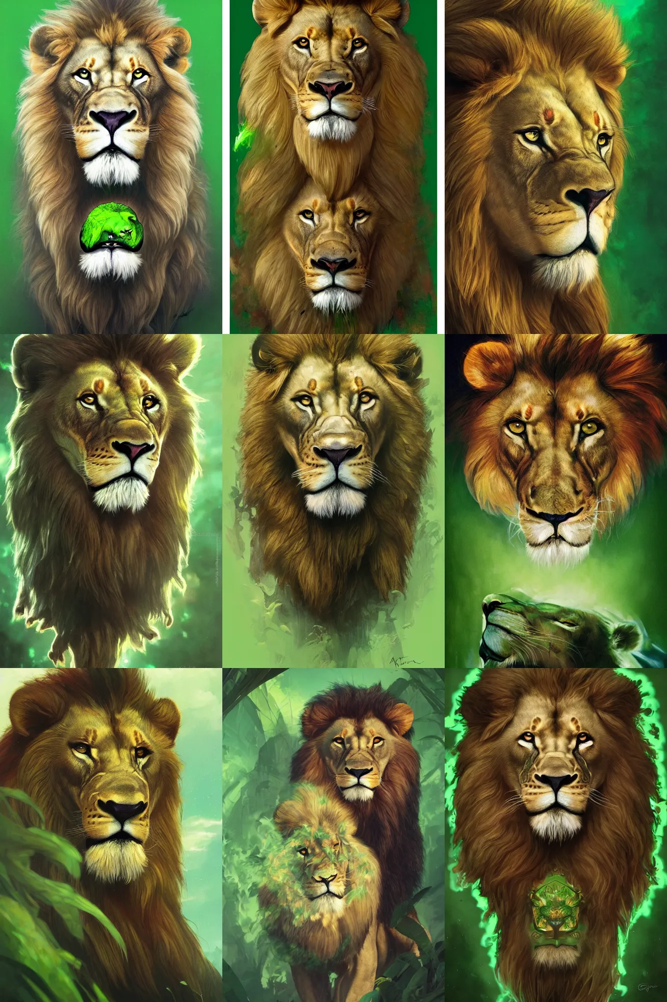 Prompt: ultra realistic full shot illustration, full shot fantasy lion's face against a green back for chroma key by artgerm and greg rutkowski and alphonse mucha, full shot, constant green background, trending on artstation