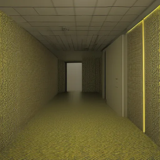 Prompt: 3 d render of jerma 9 8 5 in a liminal space, non - euclidean space, worn mono - yellow wallpaper, old moist carpet, inconsistently - placed fluorescent lighting, high octane, blender, 3 d render