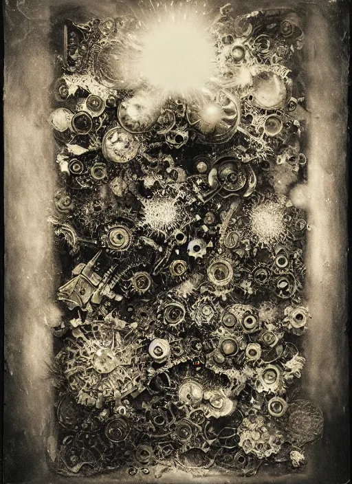 Image similar to old wetplate daguerreotype the opening of pandora's box, explosion of data fragments, fractal, intricate, elegant, highly detailed, parallax, leica, medium format, subsurface scattering, by jheronimus bosch and greg rutkowski and louis jacques mande daguerre